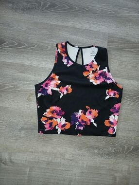 Decree Floral Crop Tank Top - Black with Pink & Orange Flowers